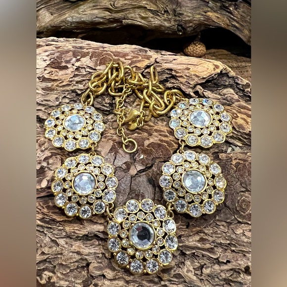 Authentic J. Crew Necklace 5 Medallions Antique Brushed Gold Tone White Crystals - Picture 4 of 10